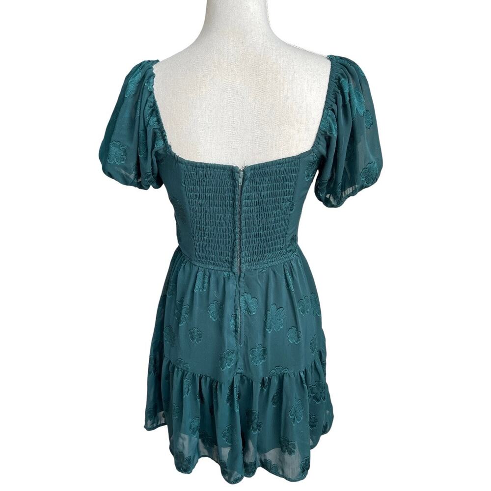 Trixxi green floral mini dress puff sleeve feminine tiered fit & flare size xs - Picture 6 of 9